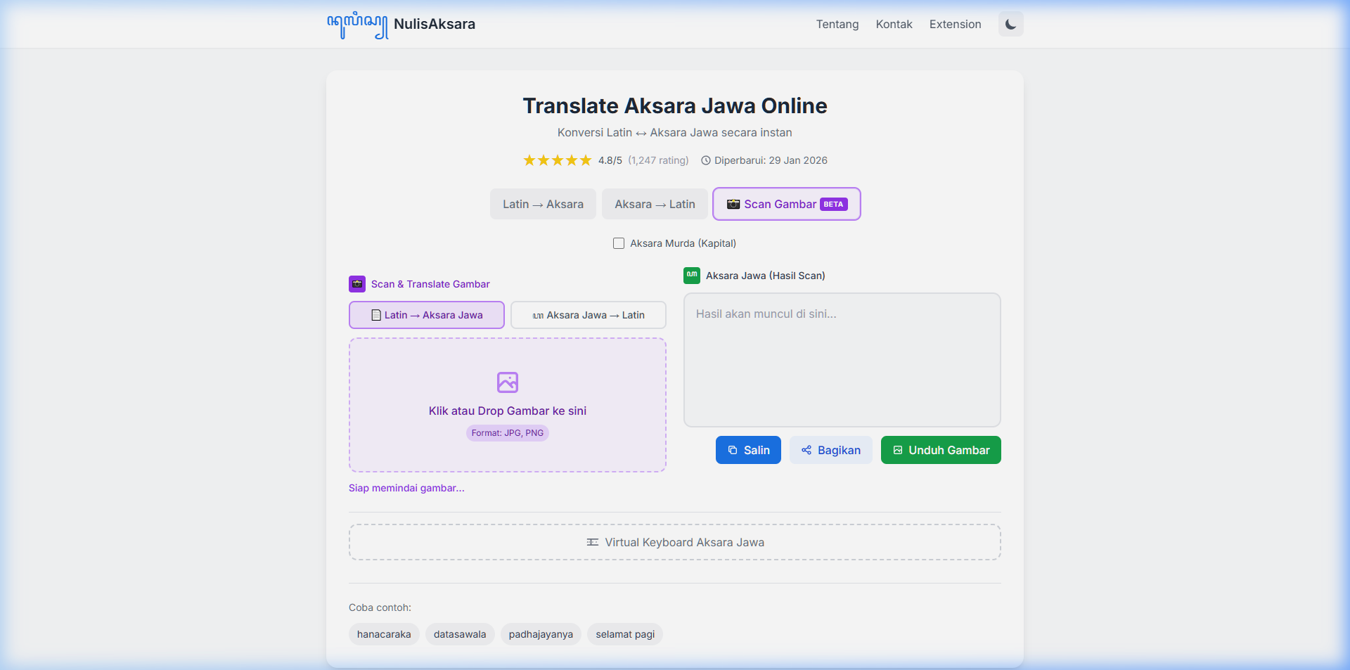 Demo Fitur Scan Gambar - Translate Aksara Jawa ke Latin